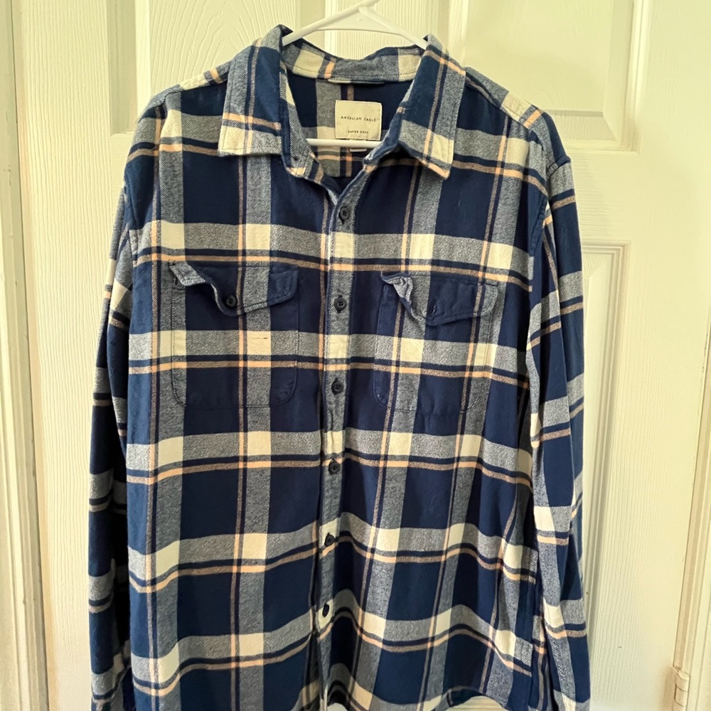 American Eagle Outfitters Navy and Cream Plaid Button-Down Shirt